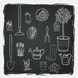 Big set of hand drawn garden tools, tree, flowers.