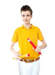 Young kid holding two big colorful pencils