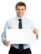 Businessman showing signboard, on white