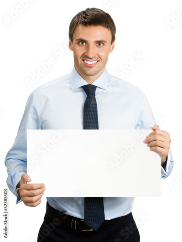 Photo: Businessman showing signboard, on white Businessman showing signboard, on white
