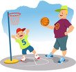 Man playing basketball with a little boy