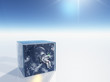 Astronaut and space captured in clear box in surreal scene