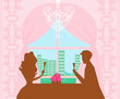 Young couple flirt and drink champagne - invitation card