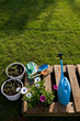 Gardening tools and flowers on a diy pot made of wooden pallet