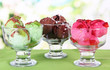 Delicious ice cream on table on bright background