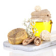 Hand made soap and ingredients for soap making, isolated