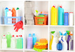 Shelves in pantry with cleaners for home close-up