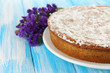 Delicious poppy seed cake on table close-up