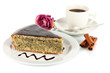 Delicious poppy seed cake with cup of coffee isolated on white