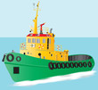 A detailed illustration of a Green and Yellow Harbour Tugboat