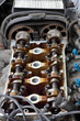 Car engine head, two camshaft, pulley and belt