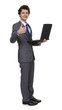 Business Man Holding Laptop Showing Thumb Up Sign