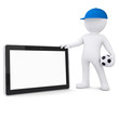 3d white man with soccer ball and tablet PC