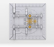 Bank vault door on gray wall