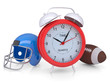 Alarm clock, football helmet and ball