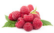 Ripe raspberry with green leaf on white background