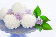 Marshmallow (zephyr) on cake stand, selective focus