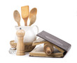 recipe-book and rolling pin on a white background