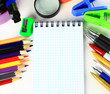 School stationery isolated over white with copyspace
