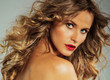 portrait of beautiful blonde woman with red lipstick. horizontal
