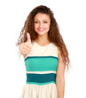 Woman showing thumb up, isolated on white background