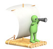 Puppet with spyglass on wooden raft