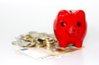 rotes Sparschwein auf Geld