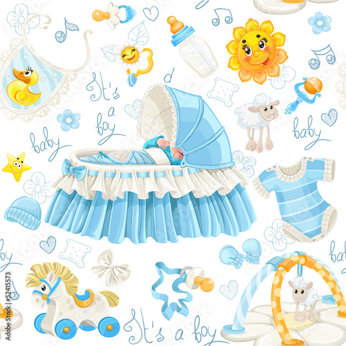 Illustration: Seamless pattern of cribs, toys and stuff it's a boy Seamless pattern of cribs, toys and stuff it's a boy