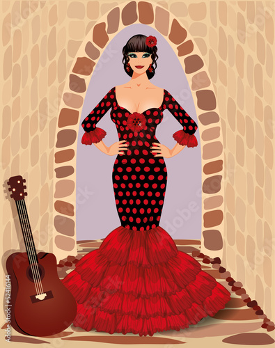 Vector: Spanish flamenco girl with guitar, vector illustration Spanish flamenco girl with guitar, vector illustration