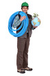 craftsman holding a hose and a globe with a green plant on it
