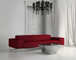 White contemporary classic living room, red sofa, wood floor