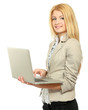 Portrait of young beautiful woman holding laptop