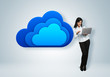 Illustration: Cloud computing idea concept. Businesswoman stands by the cloud Cloud computing idea concept. Businesswoman stands by the cloud