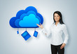 Illustration: Cloud computing idea concept. Businesswoman points to the cloud Cloud computing idea concept. Businesswoman points to the cloud
