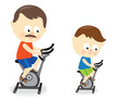 Father and son riding exercise bike