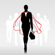 Businesswoman team hero with red cloak in front of her team