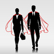 Business heroes couple with red cloak