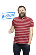 Young man holding a social media sign smiling