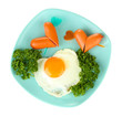 Sausages in form of hearts, scrambled eggs and parsley,