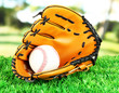 Baseball glove and ball on grass in park