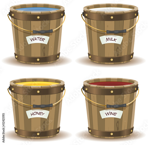Vector: Water, Milk, Honey And Wine Inside Wood Bucket Water, Milk, Honey And Wine Inside Wood Bucket