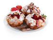 Tasty muffin cakes with strawberries and chocolate