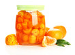 Orange jam with zest and tangerines, isolated on white