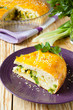 large piece of the pie with eggs and greens