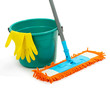 Mop, plastic bucket and rubber gloves, isolated on white