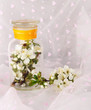 Flowering branches in glass bank on light fabric background