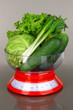 Fresh vegetables in scales on gray background