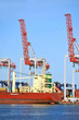 Container stack and ship under crane bridge