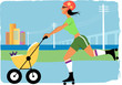 Woman jogging with a stroller in a city