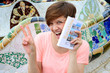 Portrait of cheerful girl visiting Barcelona